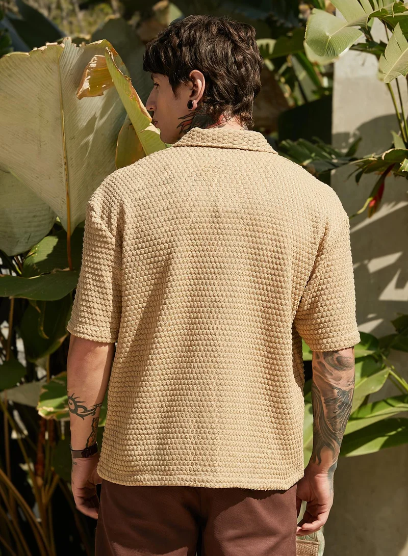 CAHOOT  Men's Buff Beige Oval-Tactile Knit Oversized Shirt For Casual Wear | Cuban Collar | Short Regular Sleeves | Button Closure | Oversized Shirt Crafted With Comfort Fit For Everyday Wear for Men | Best Price UAE